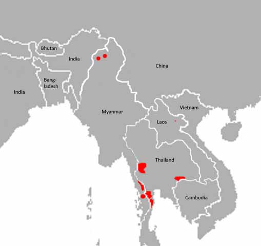 Map of Indochinese tiger (Panthera tigris tigris) scattering, with national borders added