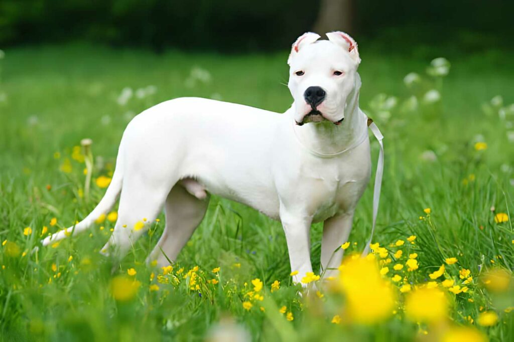 Young Dogo Argentino dog with cropped ears staying outdoors